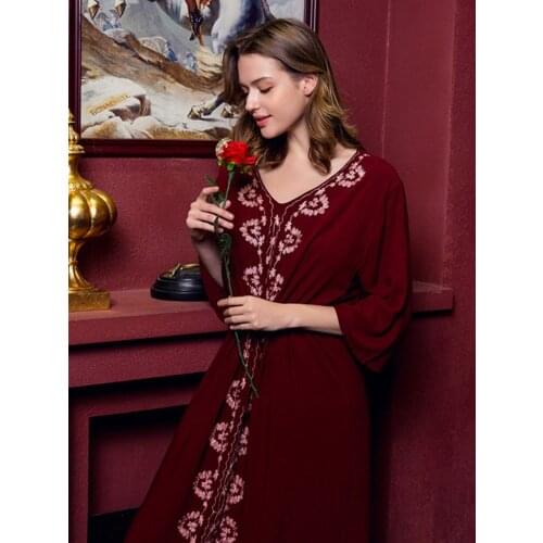 Womens Cotton Long Sleeve Nightgown For Spring Autumn Embroidery Nightdress Bohemian Printed Sleepwear Soft Gown Plus Large Size