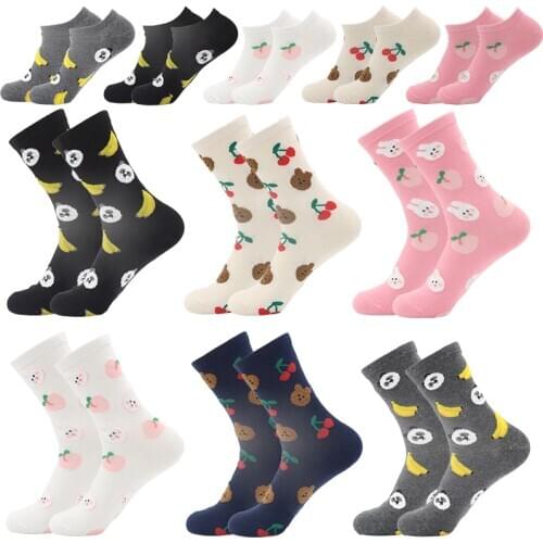 Spring Summer New Womens Socks Casual Korean Style Animal Cartoon Bear Rabbit Pear Cherry Cotton Novelty Happy Short Socks