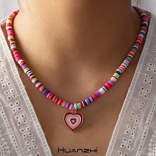 New Summer Bohemia Colorful Soft Pottery Simple Vintage Heart Beaded Collar Necklace for Women Jewelry Beach Travel HUANZHI 2021