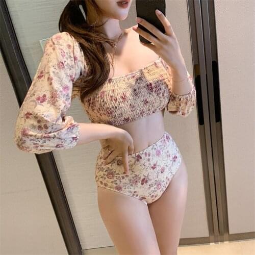 2020 new swimsuit women Korean retro floral puff sleeve pleated sexy bikini bikini