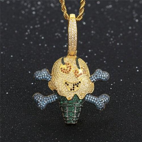 New Iced Out Pirate Ice Cream Pendant Necklace Pave Bling Cubic Zircon Fashion Hip Hop Skull Jewelry With 24 Inches Chain