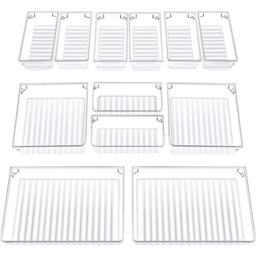 New Set Of 12 Desk Drawer Organizer Trays with 3-Size Clear Plastic Storage Boxes Divider Make-Up Organiser for Office