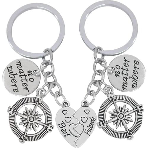New Best Friend Heart-shaped Stitching BFF Key Chain Compass Alloy Pendant Keychain Men And Women Jewelry Gifts