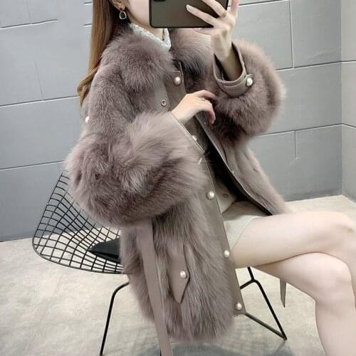 Suofun Fox Fur Grass Thick Coat Women Long Bow Belt New Winter Warm Close Waist Pearl Turn-down Collar One-piece Fur Winter Coat