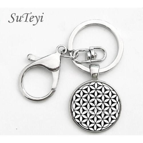 Flower of Life Seed of Life Pendant Key Chain Mandala Hexagon Sacred Geometry Jewelry Fleur De Vie Glass Cabochon Key Ring