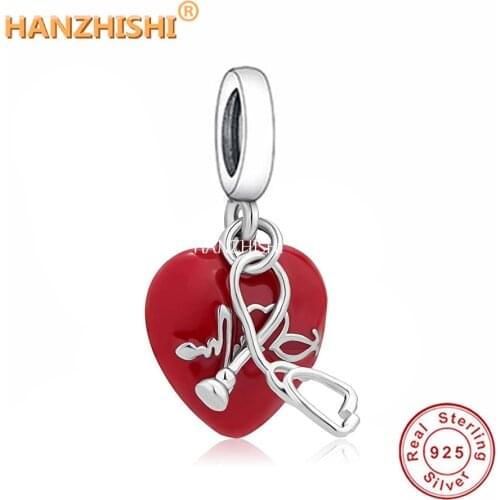 925 Sterling Silver Heart Stethoscope Dangle Charms Beads Fit Original Pandora Charm Bracelet Necklace Jewelry Christmas Gift