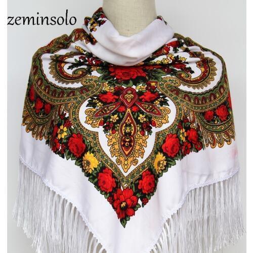 Luxury Brand Winter Russian Scarves For Women Square Scarf Shawl Print Floral Bandana Cotton Handkerchief Handmade Tassel Fringe