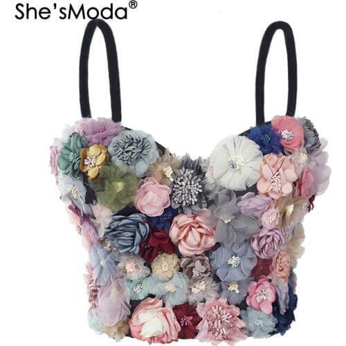 ShesModa Applique Floral Corselets Womens Bachelorette Bustier Bra Cropped Top Wedding Bralette Vest Plus Size