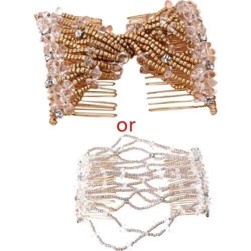 Women Handmade Pearl Beaded Jewelry Magic Hair Side Combs Stetchable Double Clip
