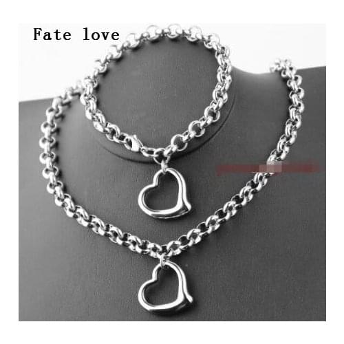 Fate Love Stainless Steel Jewelry set Love Heart Tag Charms Bracelet + Necklace Round Rolo Chain Toggle Clasp Women