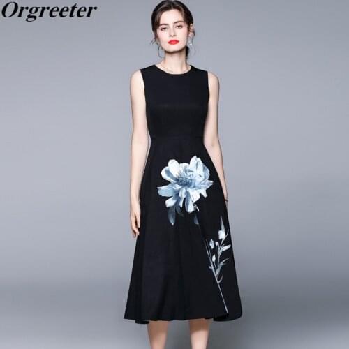 2021 Designer Runway Summer Long Tank Dresses For Women O-Neck Sleeveless High Waist Floral Ink Print Black Elegant Midi Dress