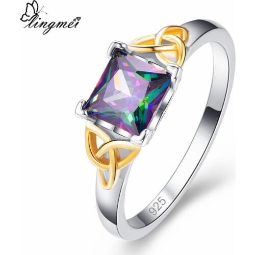 Lingmei Fashion Simple Style Princess Cut Multi & Blue Cubic Zircon Silver Color Ring Size 6-9 Solitaire Women Ring Jewelry