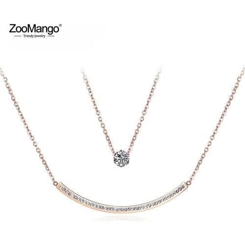 ZooMango Double Layer CZ Crystal Double Chain Link Necklaces Jewelry Titanium Steel Rose Gold Chokers Necklace For Women ZN18061