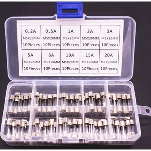 100pcs/lot Set Kit 5x20mm Fuse Assorted Kits DIY Quick Blow Glass Tube Fast-blow Glass Fuses 0.2A-20A