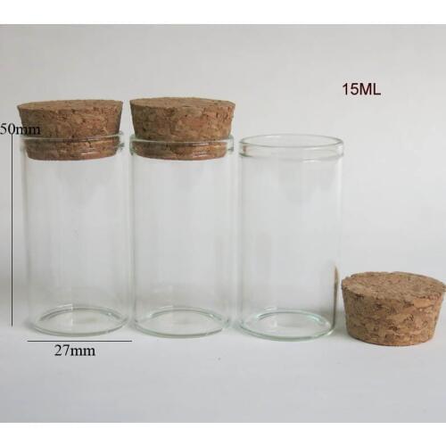 100 x 15ml Empty Glass Container with Wooden Cork 15cc Cork Stoppered Tube Sample Vial 27*50mm Clear Containers Bottle