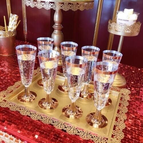 New 24Pcs 150 Ml Plastic Rose Gold Rimmed Clear Hard Disposable Party Wedding Cups Premium Fancy Champagne Glasses Flutes