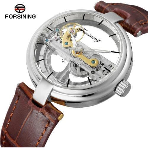 FORSINING Golden Bridge Watch Men Top Brand Luxury Auto Mechanical Transparent Case Genuine Leather Strap Fashion Couple Clock