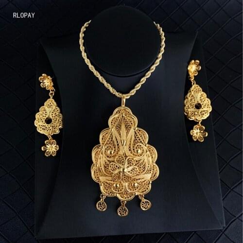 Elegant Algeria Wedding Jewelry Sets Women Earring Necklace Arab Gold Color Ethnic Bridal Jewelry Bijoux Necklace Set