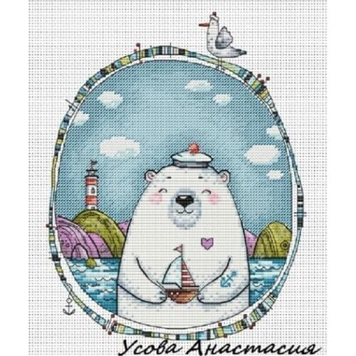 FF MM Counted Cross Stitch Kit Blue Lighthouse Handmade Needlework For Embroidery 14ct Cross Stitch Captain Polar Bear