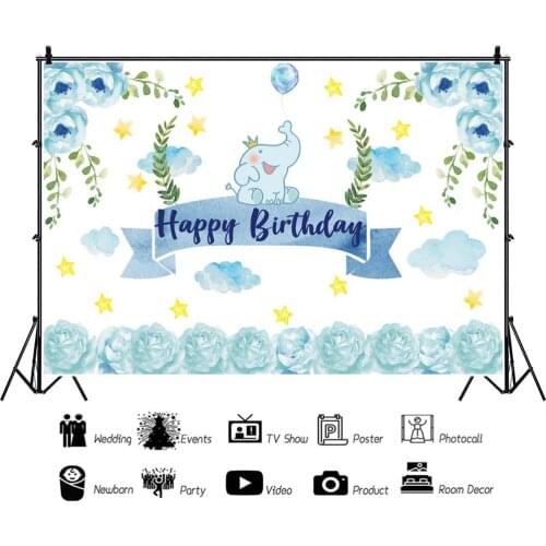 Blue Elephant and Flowers Backdrops Artistic Photos Background Decorations for Kids Birthday Party Photography Props
