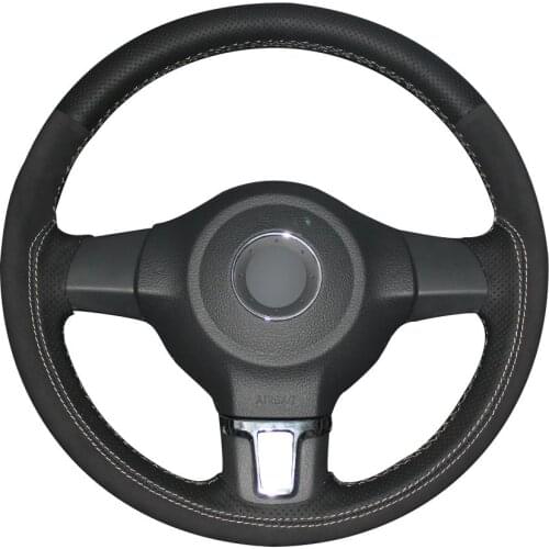 DIY Custom Hand Stitching Black Natural Leather Black Suede Car Steering Wheel Cover for Volkswagen Golf 6 Mk6 Polo MK5