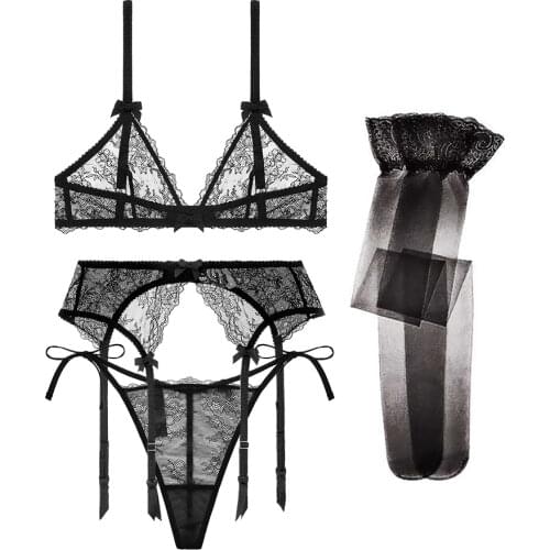 Ladies lace flower ultra-thin breathable bra set sexy V-string bra+garter+thong+stockings 4 pcs/set CYHWR