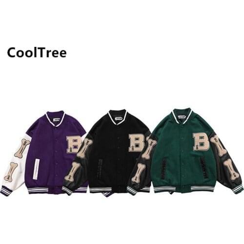 CoolTree 2021 Hip Hop Furry Bone Patchwork Color Block Jackets Mens Harajuku Streetwear Bomber Jacket Women Baseball Coat Unisex