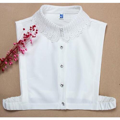 Fashion hollow cotton fake collar shirt Bowknot Blouse Crystal decorative lady Geometric crystal embroidery flower cool white