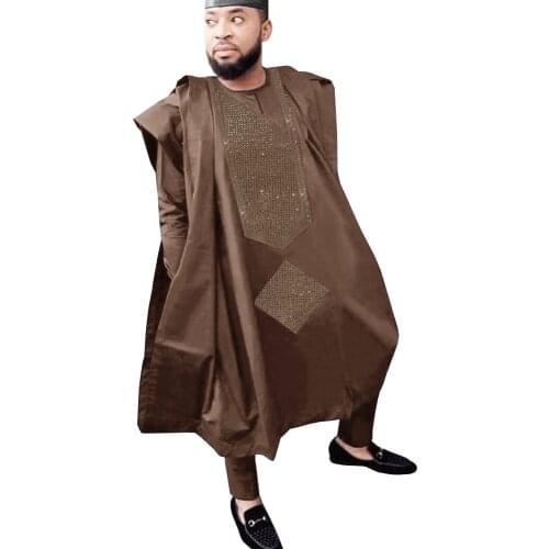 H&D 2020 men african clothes tops pants 3PCS agbada suit long sleeve formal attire embroidery pattern with stones robe africaine