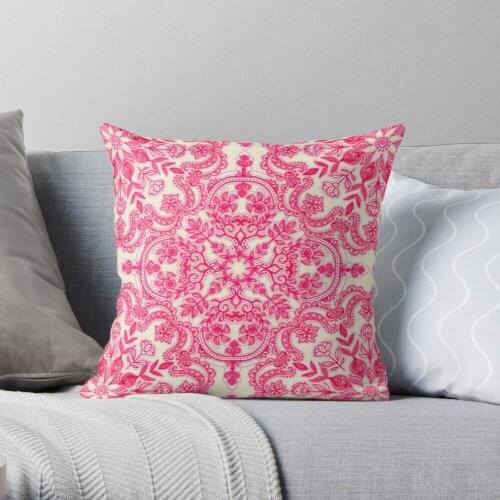 Pillowslip Hot Pink & Soft Cream Folk Art Pattern Throw Pillow 100% Cotton Decor Pillow Case Home Cushion Cover 45*45cm