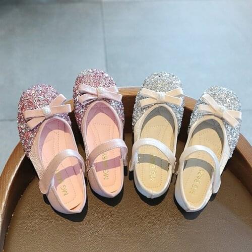 New Girls Princess Shoes Bling Mary Janes Shoes For Baby Girl Butterfly Knot Children Flats Silver Leather Wedding Shoes Toddler