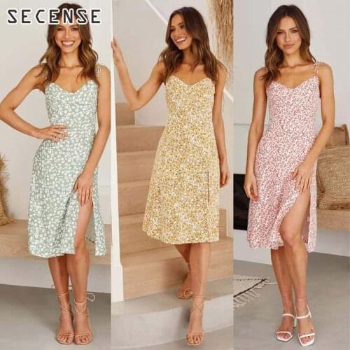 Dresses Women Sexy Floral Print Spaghetti V-Neck Chiffon Strap Dress Backless High Split Boho Beach Party Dress Sleeveless 2021
