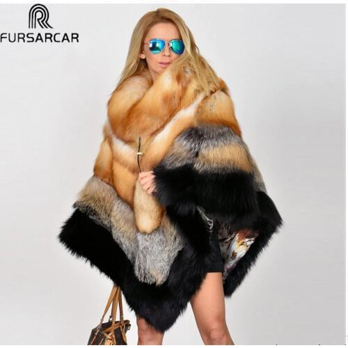 FURSARCAR Luxury Women Real Fur Cape With Fur Collar New Winter Natural Fox Poncho Genuine Real Fur Coat Fur Shawl Jackets