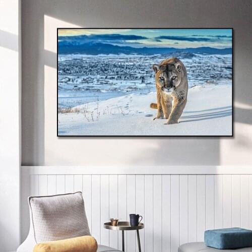 Snow Leopard Wall Art Canvas Painting Animal Nordic Poster and Prints Painting Winter Landscape Picture for Home Wall Decoration