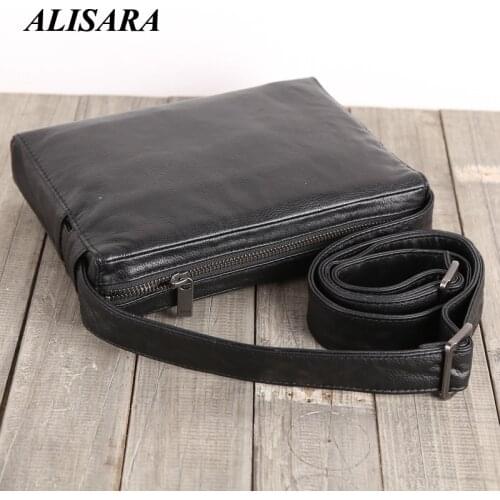 Alisara Small Messenger Bag First Layer Cow Leather Top End Men Casual Satchel Simple Travel Mini Crossbody Shoulder Handbag