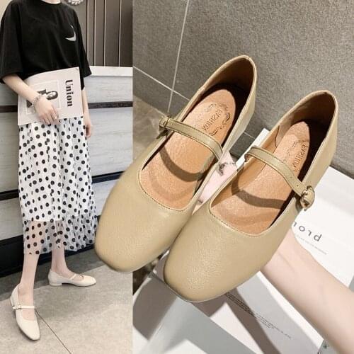 Women Leather Pumps Shoes Low Square Heel Retro Square Toe Mary Janes Casual Lady Shoes Female Weekly Pumps