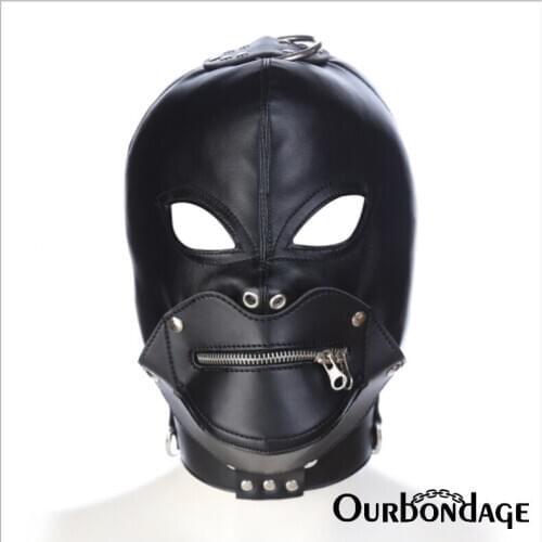 Ourbondage PU Leather Head Restraints Harness Hood Bondage Hollow Eyes and Zipper Mouth BDSM Costume for Men and Women Sex Toys