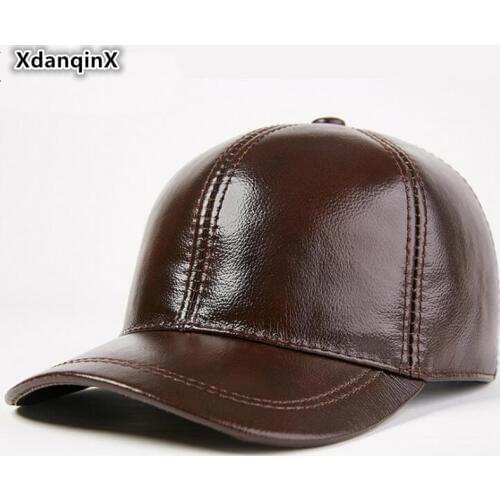 XdanqinX Autumn Winter Mens Warm Genuine Leather Hats Cowhide Leather Baseball Caps Adjustable Size Ponytail Womens Tongue Cap