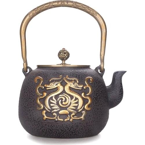 Japanese cast iron kungfu tea pot teapot totem dual copper drawing handmade coated boiled water kettle teaware 1.3L