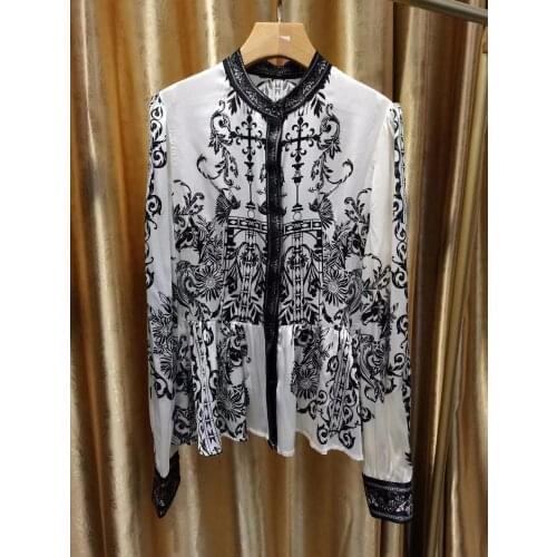 100% Silk Women Blouse 2021 Runway Fashion Spring Summer Shirt Print Elegant High Quality Color Patchwork Blouse