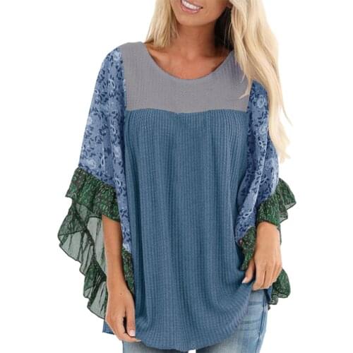 Floral Patchwork Printed Ethnic Style Woman T Shirt Three Quarter Sleeve Tee O Neck Butterfly Sleeve Casual Loose Streetwear Top