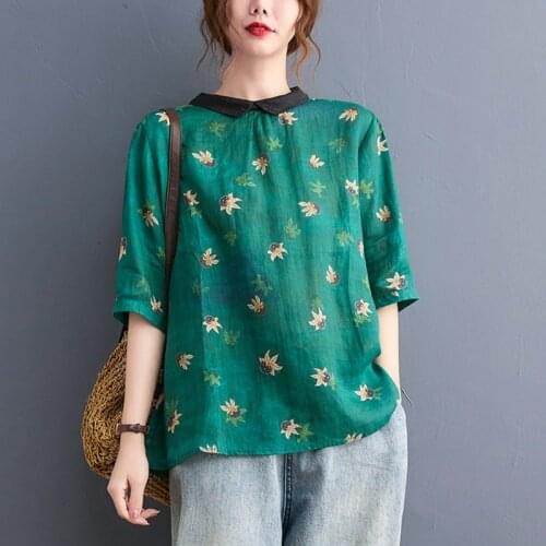 Women Cotton Linen Casual T-shirts New Arrival 2021 Summer Vintage Style Floral Print Loose Female Half Sleeve Tops Tees B565