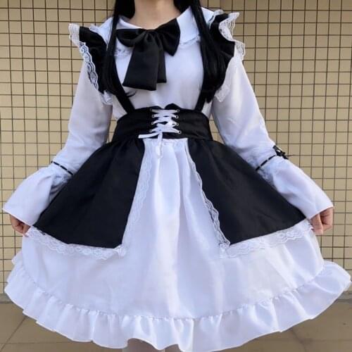 Women Maid Outfit Anime Long Dress Black and White Apron Dress Lolita Dresses Men Cafe Costume Cosplay Costume orchard Mucama