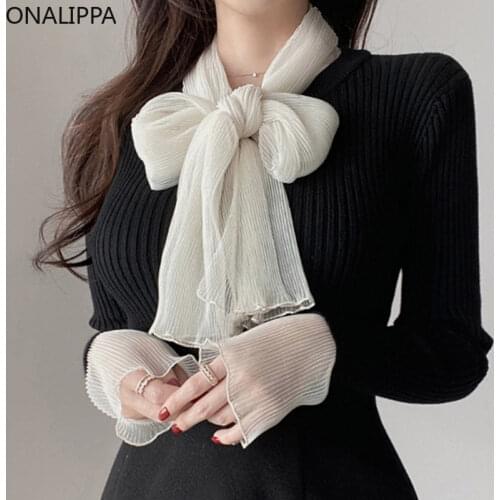 ONALIPPA Knit Sweater Women Autumn French Neckline Bowknot Silk Scarf Design Slim Pit Strip Stitching Cuff Long Sleeve Pullovers
