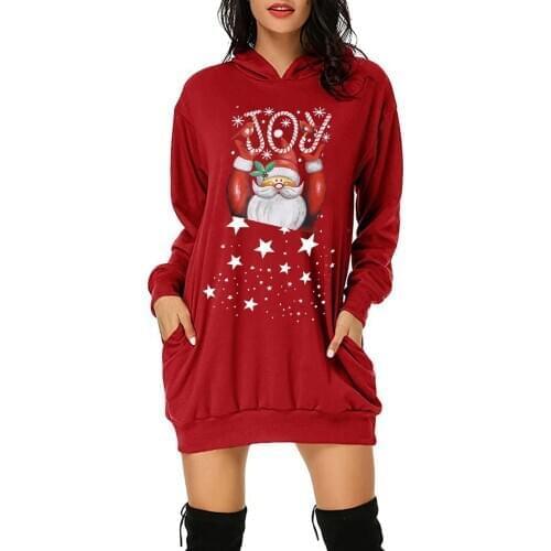 Womens Christmas Dress Hoodie Bag Hip Pocket Santa Claus Print Hoodie Fashion Female Bodycon Dress Christmas Clothing Dresses