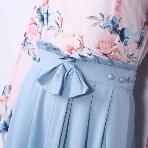 066F Ethnic Women Ramadan Eid Abaya Long Sleeve Floral Contrast Color Knot Front Maxi Long Dress Muslim Islamic Party Robe