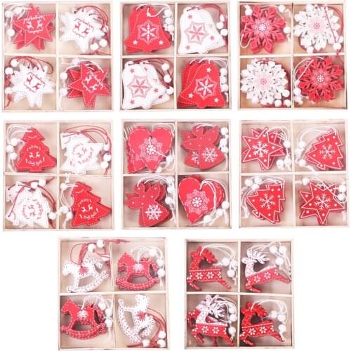 12Pcs/Iot Gift Box Christmas Snowflakes Wooden Pendants Xmas Tree Ornaments Painted Red Hanging Decor Navidad