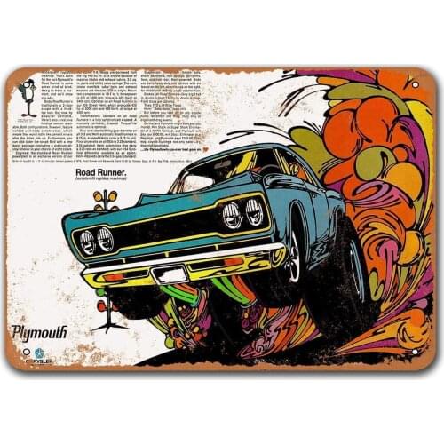 1967 Plymouth Road Runner 2 Old Car Tin Sign, Sisoso Vintage Metal Plaques Poster Bar Garage Retro Wall Decor 12x8 inch