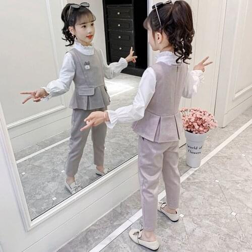 2 Colors Casual Quality White Color Shirt+Vest+Pants 3Pcs/Sets Fashion Spring Autumn Kids Girls Clothing Outfits Age For 3-12Yrs