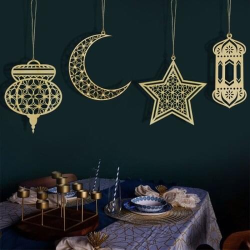 3Pcs Creative EID Mubarak Hanging Pendant Ornament Hollow Wooden Hanging Pendant Ornament DIY Craft Muslim Home Ramadan Decor